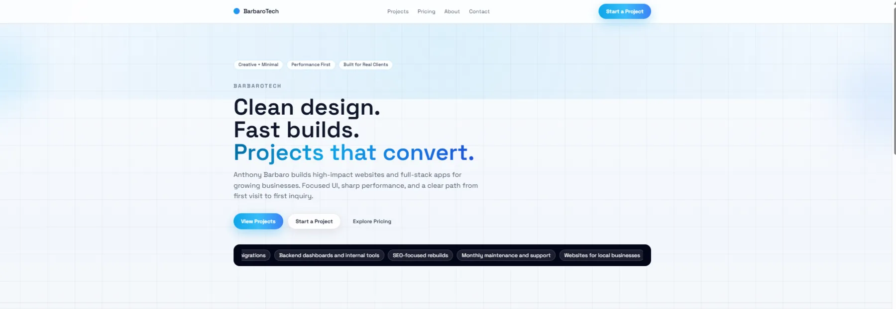 BarbaroTech website homepage on desktop